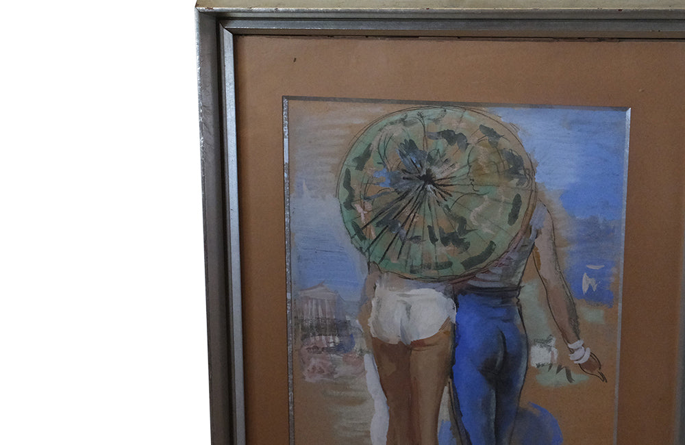 SIGNED GOUACHE FRENCH RIVIERA BEACH SCENE