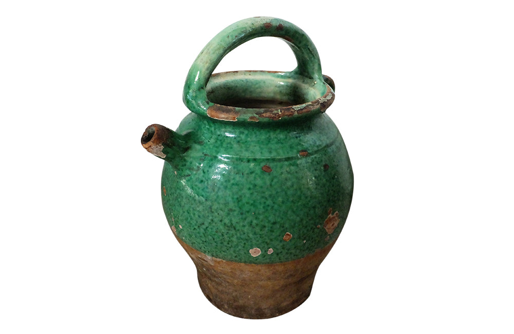 19th Century Green Glazed French Pottery Jug - Decorative Antiques - French Garden Antiques - Green Glazed Pottery - French Pottery Cruche -Decorative Antiques - French Decorative Antiques - Antique Shops Tetbury - Ceramics - AD & PS Antiques