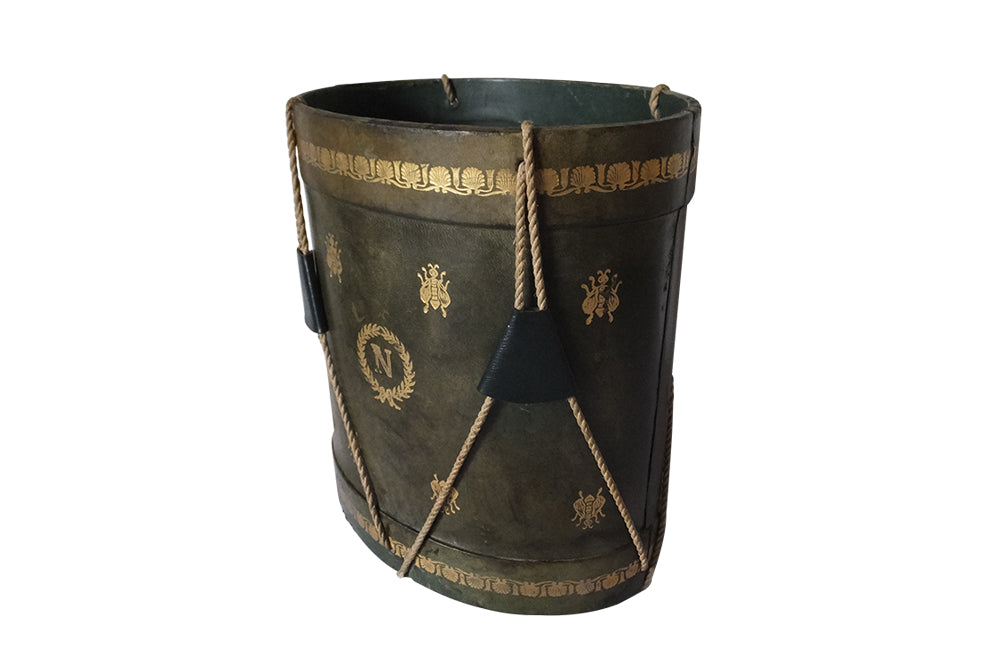 French Oval Leather Waste Paper Basket -Leather Green Leather Drum Waste Paper Bin-Leather Office Accessories-Decorative Accessories-French Antiques-Napoleon-Bees-AD & PS Antiques