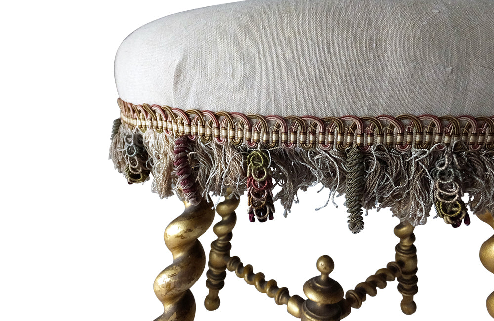 19th Century Gilt Barley Twist Stool-Giltwood Stool-Antique Stool-French Antiques-Antique Seating-Passementerie-Antique Linen-AD & PS Antiques