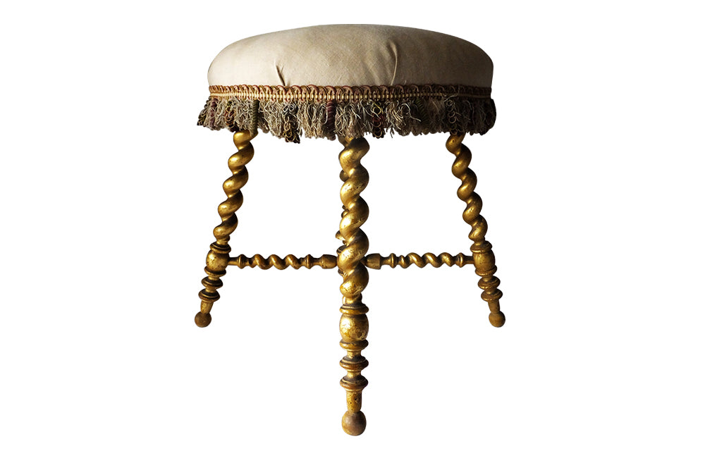 19th Century Gilt Barley Twist Stool-Giltwood Stool-Antique Stool-French Antiques-Antique Seating-Passementerie-Antique Linen-AD & PS Antiques