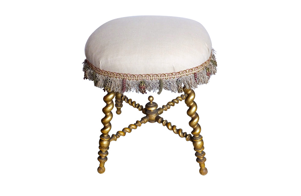 19th Century Gilt Barley Twist Stool-Giltwood Stool-Antique Stool-French Antiques-Antique Seating-Passementerie-Antique Linen-AD & PS Antiques