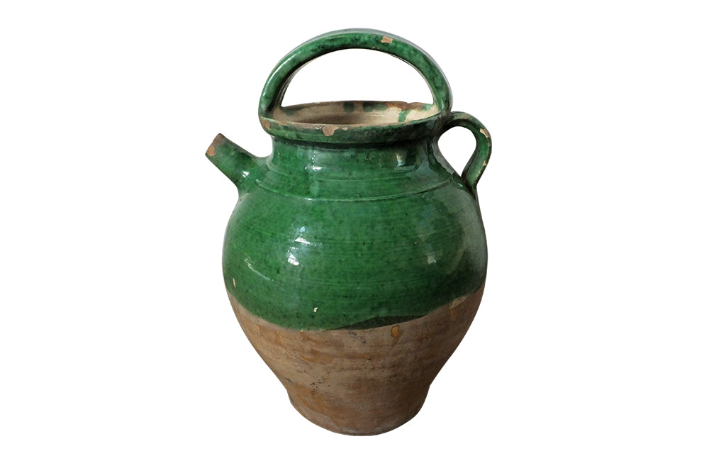 19th Century Green Glazed French Pottery Jug - Decorative Antiques - French Garden Antiques - Green Glazed Pottery - French Pottery Cruche -Decorative Antiques - French Decorative Antiques - Antique Shops Tetbury - Ceramics - AD & PS Antiques 