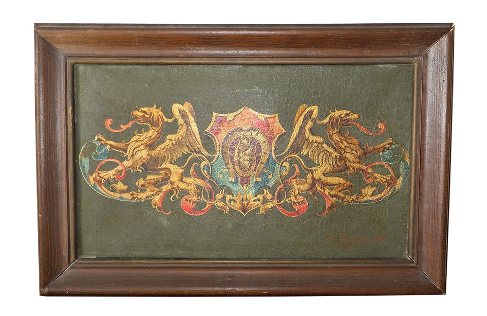 Heraldic Painting-Heraldry-Dragons-Motto-Spanish Antiques-Wall Decorations-Oil on Canvas-Paintings-French Antiques-AD & PS Antiques