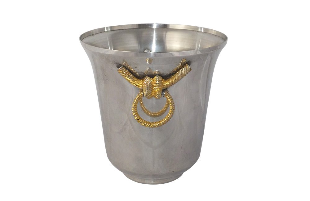 Vintage silver plate Lancel wine cooler with gilt metal ringed rope handles