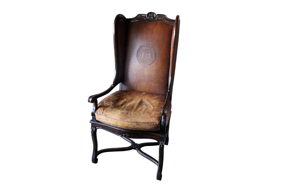French Leather Wingback Armchair - Embossed Leather Wingback Armchair - Leather Armchair - Antique Armchair - French Antiques – Antique Library Chair – Antique Armchairs - AD & PS Antiques