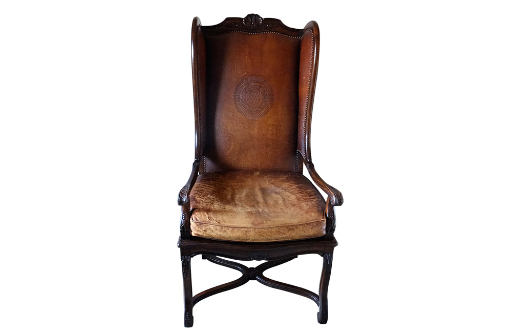 French Leather Wingback Armchair - Embossed Leather Wingback Armchair - Leather Armchair - Antique Armchair - French Antiques – Antique Library Chair – Antique Armchairs - AD & PS Antiques