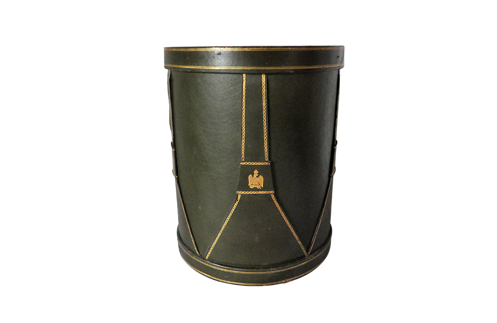 French Green Leather Drum Waste Paper Basket-Green Leather Waste Paper Bin-Decorative Accessories-Office Accessories-French Antiques-AD & PS Antiques