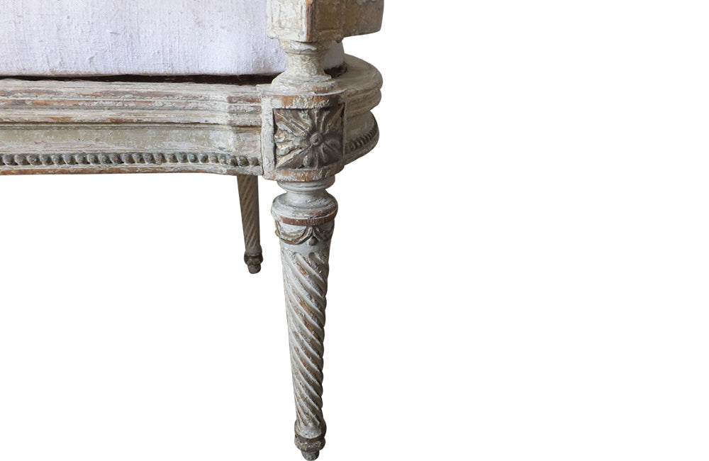 Louis XVI Revival Caned Banquette - Caned Canape - Cane and Linen Sofa - Neoclassical Revival -French Antiques - Antique Seating - Painted Antique Seating – Decorative Antique Furniture – French Antique Furniture - AD & PS Antiques