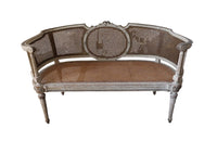 Louis XVI Revival Caned Banquette - Caned Canape - Cane and Linen Sofa - Neoclassical Revival -French Antiques - Antique Seating - Painted Antique Seating – Decorative Antique Furniture – French Antique Furniture - AD & PS Antiques