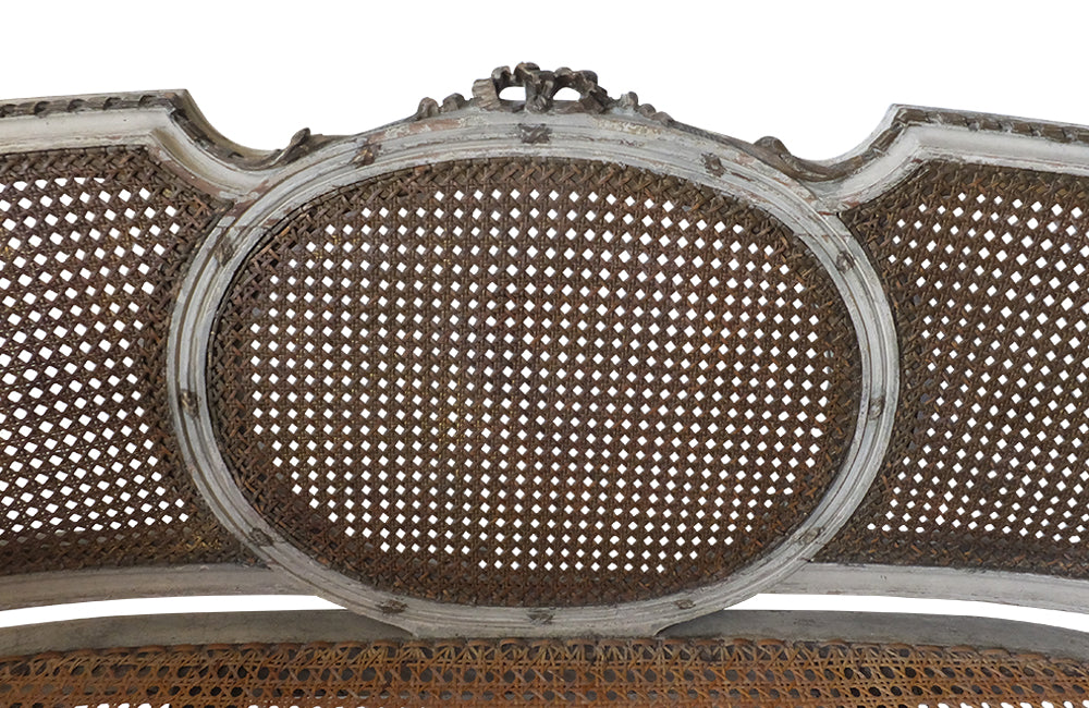 Louis XVI Revival Caned Banquette - Caned Canape - Cane and Linen Sofa - Neoclassical Revival -French Antiques - Antique Seating - Painted Antique Seating – Decorative Antique Furniture – French Antique Furniture - AD & PS Antiques