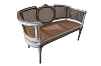 Louis XVI Revival Caned Banquette - Caned Canape - Cane and Linen Sofa - Neoclassical Revival -French Antiques - Antique Seating - Painted Antique Seating – Decorative Antique Furniture – French Antique Furniture - AD & PS Antiques