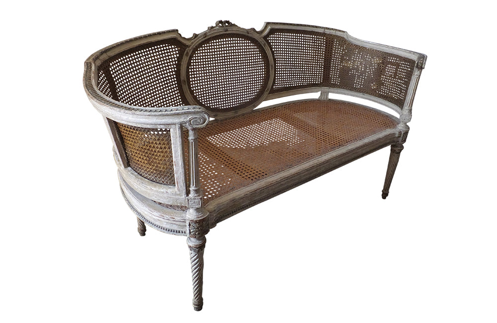Louis XVI Revival Caned Banquette - Caned Canape - Cane and Linen Sofa - Neoclassical Revival -French Antiques - Antique Seating - Painted Antique Seating – Decorative Antique Furniture – French Antique Furniture - AD & PS Antiques