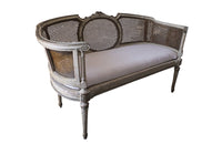 Louis XVI Revival Caned Banquette - Caned Canape - Cane and Linen Sofa - Neoclassical Revival -French Antiques - Antique Seating - Painted Antique Seating – Decorative Antique Furniture – French Antique Furniture - AD & PS Antiques