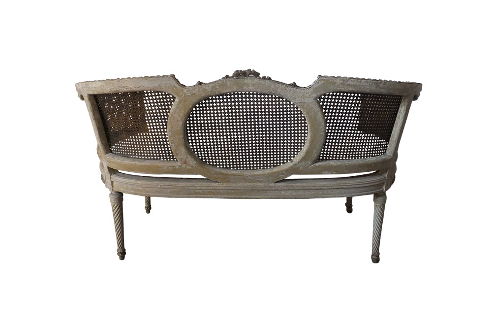 Louis XVI Revival Caned Banquette - Caned Canape - Cane and Linen Sofa - Neoclassical Revival -French Antiques - Antique Seating - Painted Antique Seating – Decorative Antique Furniture – French Antique Furniture - AD & PS Antiques