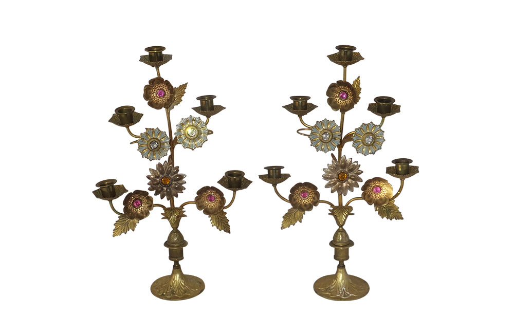 Pair of Bejewelled Brass Candlesticks-Bejewelled Candleabras-Antique Lighting-Lighting-Candlesticks-Candleabras-French Antiques-Decorative Accessories-Decorative Antiques-AD & PS Antiques
