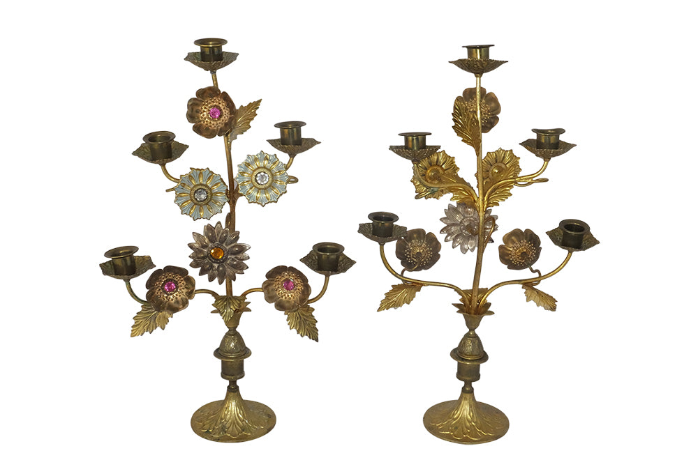 Pair of Bejewelled Brass Candlesticks-Bejewelled Candleabras-Antique Lighting-Lighting-Candlesticks-Candleabras-French Antiques-Decorative Accessories-Decorative Antiques-AD & PS Antiques