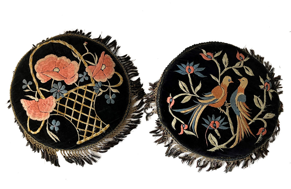 Pair Of 1930s French Round Velvet Cushions - French Decorative Antiques - Antique Textiles - Decorative Accessories - Antiques Cushions - Needlework - Antique Shops Tetbury - adpsantiques - AD & PS Antiques