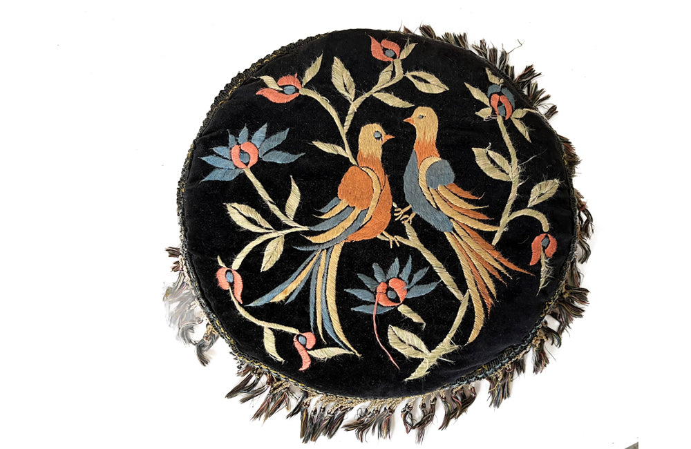 Pair Of 1930s French Round Velvet Cushions - French Decorative Antiques - Antique Textiles - Decorative Accessories - Antiques Cushions - Needlework - Antique Shops Tetbury - adpsantiques - AD & PS Antiques