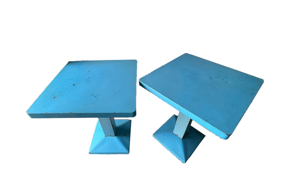 Pair Of Blue Iron Tolix Kub Tables - French Mid Century Furniture - Bistro Tables - Tolix Tables - Side Tables - Pairs of Tables - Iron Table - Mid Century Furniture - Vintage Tables - Blue Table - Dining Tables - Antique Shops Tetbury - adpsantiques - AD & PS Antiques