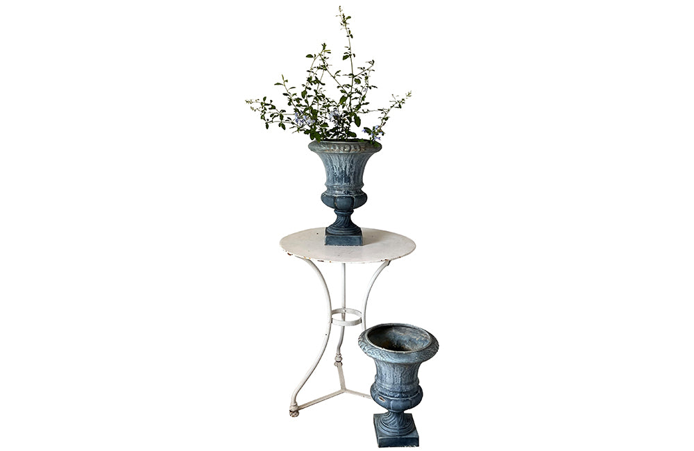 Pair Of Blue Enamelled Cast Iron Medici Urns - French Garden Antiques - Garden Antiques - Antique Planters - Antique Jardinieres - Garden Decoration - Medici Urns - Font Emaille - Enamelled Iron - Garden Decoration - French Antiques - Antique Shops Tetbury - adpsantiques - AD & PS Antiques