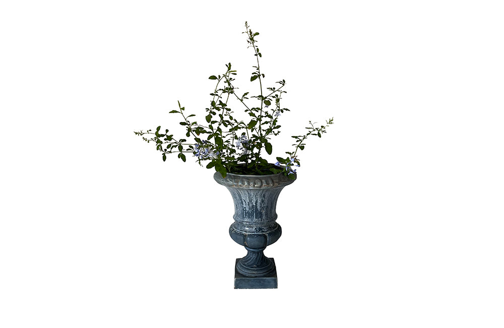 Pair Of Blue Enamelled Cast Iron Medici Urns - French Garden Antiques - Garden Antiques - Antique Planters - Antique Jardinieres - Garden Decoration - Medici Urns - Font Emaille - Enamelled Iron - Garden Decoration - French Antiques - Antique Shops Tetbury - adpsantiques - AD & PS Antiques