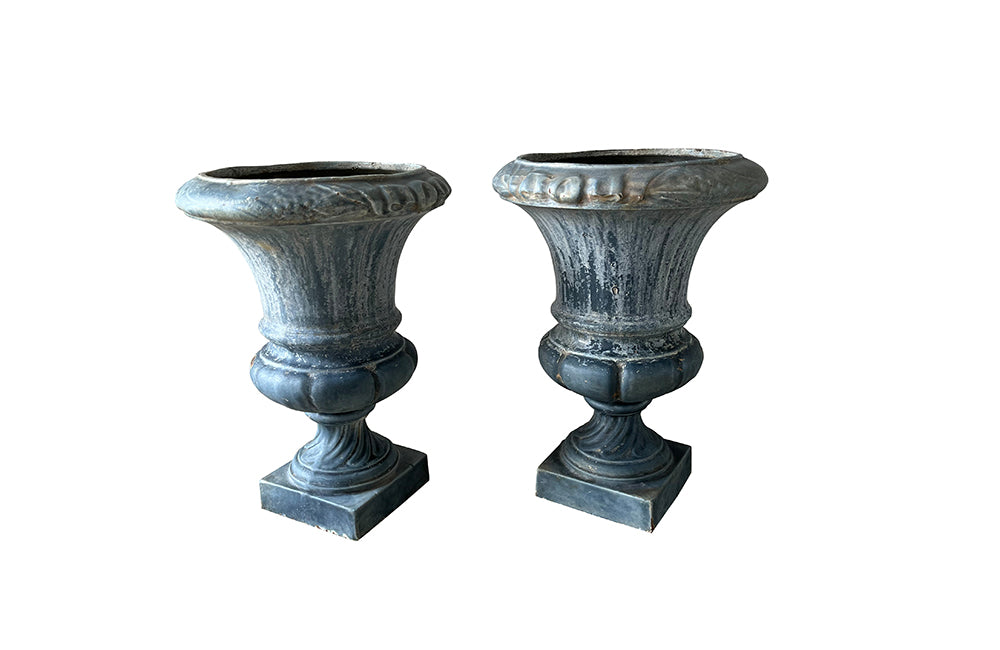 Pair Of Blue Enamelled Cast Iron Medici Urns - French Garden Antiques - Garden Antiques - Antique Planters - Antique Jardinieres - Garden Decoration - Medici Urns - Font Emaille - Enamelled Iron - Garden Decoration - French Antiques - Antique Shops Tetbury - adpsantiques - AD & PS Antiques