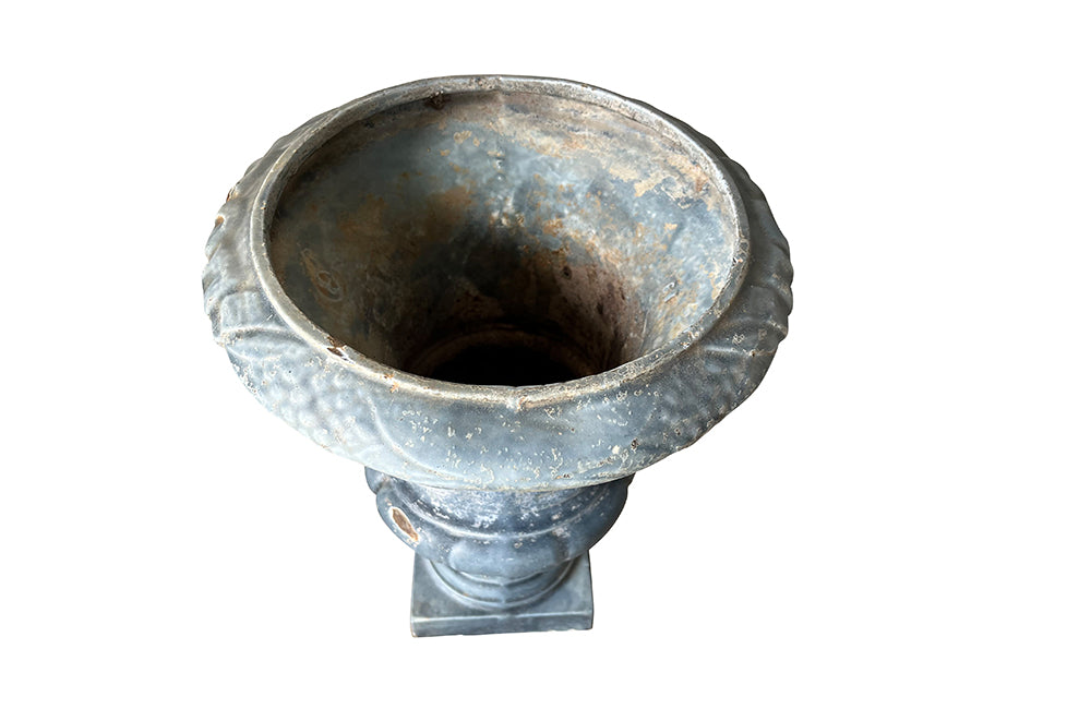 Pair Of Blue Enamelled Cast Iron Medici Urns - French Garden Antiques - Garden Antiques - Antique Planters - Antique Jardinieres - Garden Decoration - Medici Urns - Font Emaille - Enamelled Iron - Garden Decoration - French Antiques - Antique Shops Tetbury - adpsantiques - AD & PS Antiques