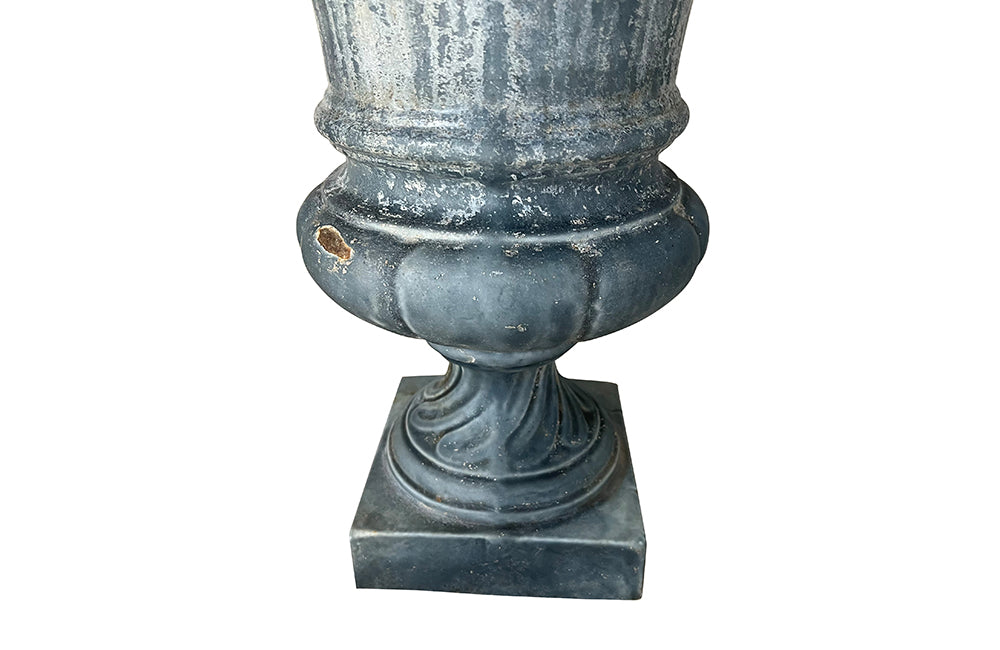 Pair Of Blue Enamelled Cast Iron Medici Urns - French Garden Antiques - Garden Antiques - Antique Planters - Antique Jardinieres - Garden Decoration - Medici Urns - Font Emaille - Enamelled Iron - Garden Decoration - French Antiques - Antique Shops Tetbury - adpsantiques - AD & PS Antiques