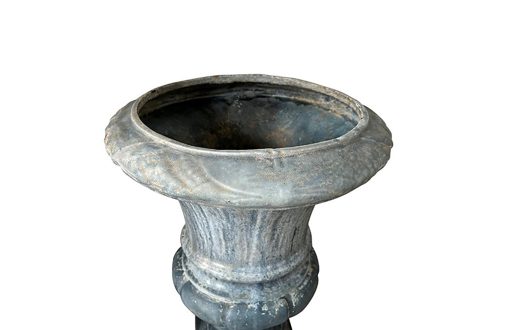 Pair Of Blue Enamelled Cast Iron Medici Urns - French Garden Antiques - Garden Antiques - Antique Planters - Antique Jardinieres - Garden Decoration - Medici Urns - Font Emaille - Enamelled Iron - Garden Decoration - French Antiques - Antique Shops Tetbury - adpsantiques - AD & PS Antiques