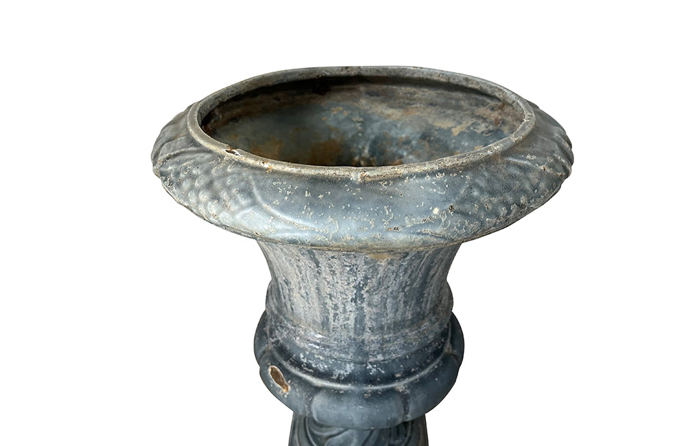Pair Of Blue Enamelled Cast Iron Medici Urns - French Garden Antiques - Garden Antiques - Antique Planters - Antique Jardinieres - Garden Decoration - Medici Urns - Font Emaille - Enamelled Iron - Garden Decoration - French Antiques - Antique Shops Tetbury - adpsantiques - AD & PS Antiques