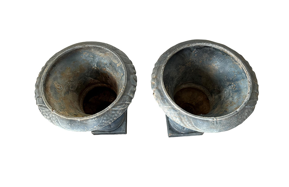 Pair Of Blue Enamelled Cast Iron Medici Urns - French Garden Antiques - Garden Antiques - Antique Planters - Antique Jardinieres - Garden Decoration - Medici Urns - Font Emaille - Enamelled Iron - Garden Decoration - French Antiques - Antique Shops Tetbury - adpsantiques - AD & PS Antiques