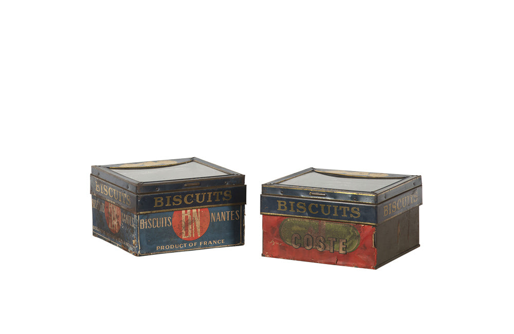 Pair of French Biscuit Tins with Glass Panel Lids- Decorative Accessories- Advertising Antiques -Kitchenalia- French Antiques - Biscuit Tins - AD & PS Antiques