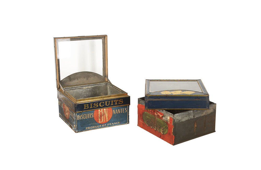 Pair of French Biscuit Tins with Glass Panel Lids- Decorative Accessories- Advertising Antiques -Kitchenalia- French Antiques - Biscuit Tins - AD & PS Antiques