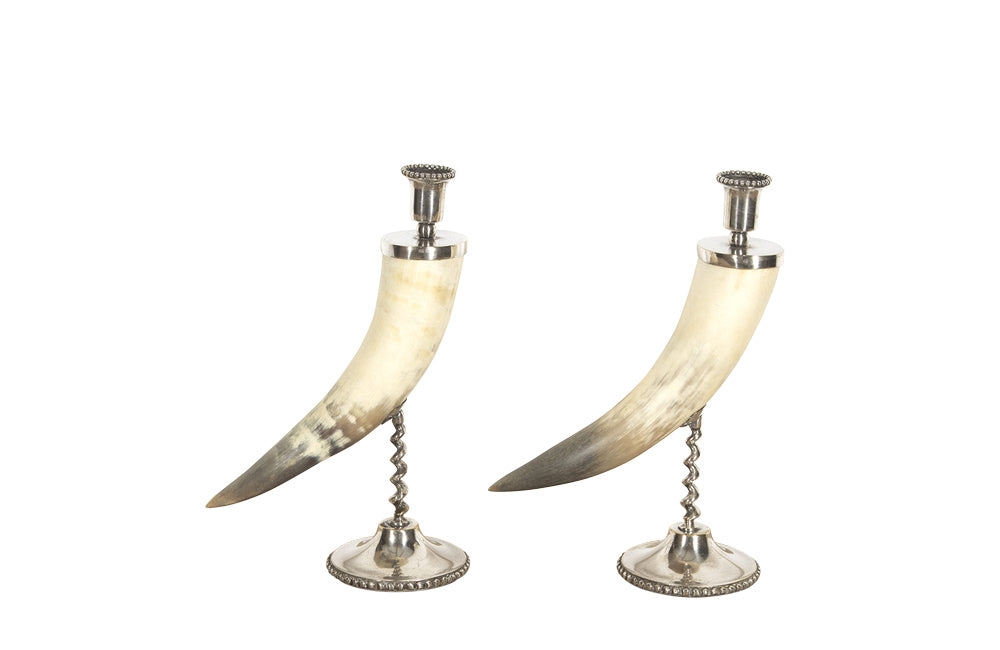 PAIR OF HORN & SILVERPLATE CANDLESTICKS