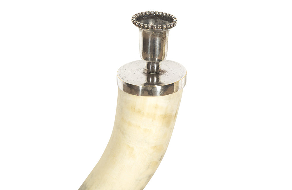 PAIR OF HORN & SILVERPLATE CANDLESTICKS