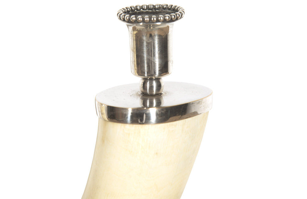 PAIR OF HORN & SILVERPLATE CANDLESTICKS