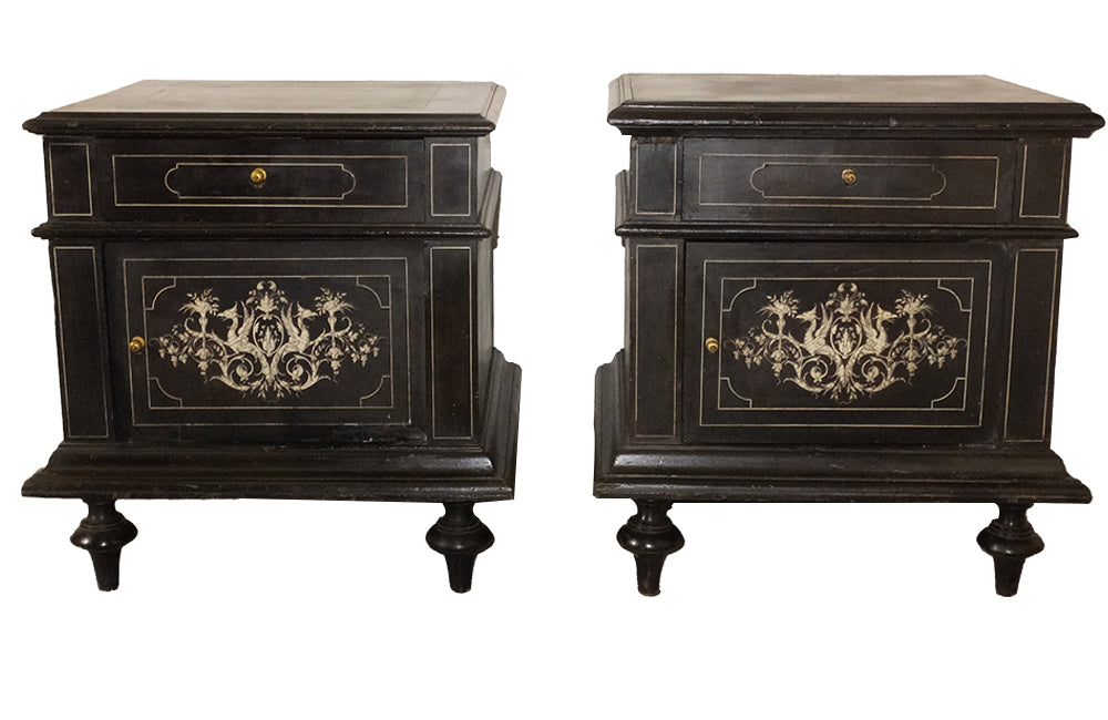 Pair Of French Napoleon III Ebonised Nightstands - Antique End Tables - Antique Bedside Tables - Chevets - Antique Side Tables - Antique Tables - French Antique Furniture - French Antiques - Decorative Antiques - Inlaid Furniture - AD & PS Antiques