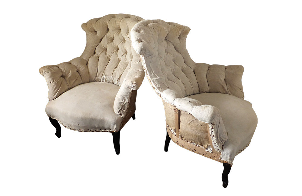 Pair Of French Button Back Armchairs-Napoleon III Armchairs-Large Antique Armchairs-French Antiques-Antique Seating-AD & PS Antiques