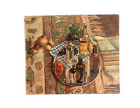 Unframed, oil on canvas still-life painting, very evocative of The Bloomsbury Group, especially the work of Duncan Grant