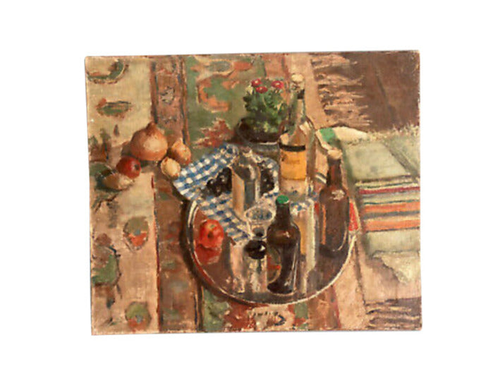 Unframed, oil on canvas still-life painting, very evocative of The Bloomsbury Group, especially the work of Duncan Grant
