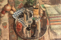 Unframed, oil on canvas still-life painting, very evocative of The Bloomsbury Group, especially the work of Duncan Grant