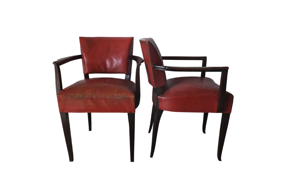 Red Leather Bridge Chairs-Vintage Armchairs-Mid Century Modern-French Antiques-Pair of Vintage Armchairs-Leather Seating-AD & PS Antiques