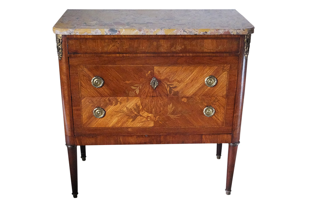 Small Marquetry French Commode-Marquetry Chest Of Drwaers-Louis XVI Revival Commode-Marble Top Chest of Drawers-French Antiques-Commodes & Chests of drawers-AD & PS Antiques