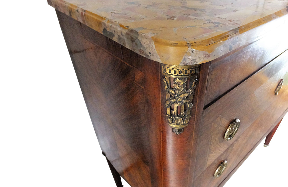 Small Marquetry French Commode-Marquetry Chest Of Drwaers-Louis XVI Revival Commode-Marble Top Chest of Drawers-French Antiques-Commodes & Chests of drawers-AD & PS Antiques