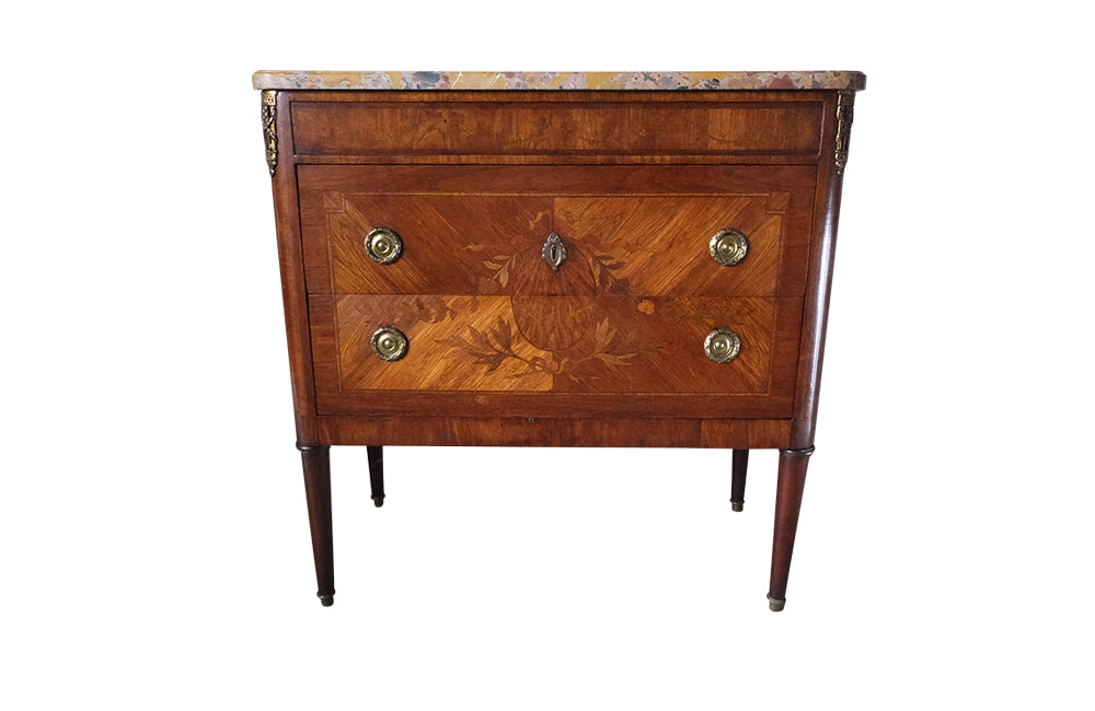 Small Marquetry French Commode-Marquetry Chest Of Drwaers-Louis XVI Revival Commode-Marble Top Chest of Drawers-French Antiques-Commodes & Chests of drawers-AD & PS Antiques