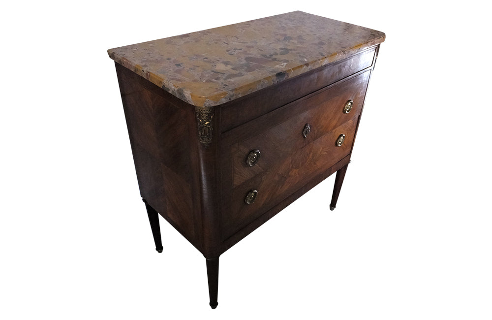 Small Marquetry French Commode-Marquetry Chest Of Drwaers-Louis XVI Revival Commode-Marble Top Chest of Drawers-French Antiques-Commodes & Chests of drawers-AD & PS Antiques