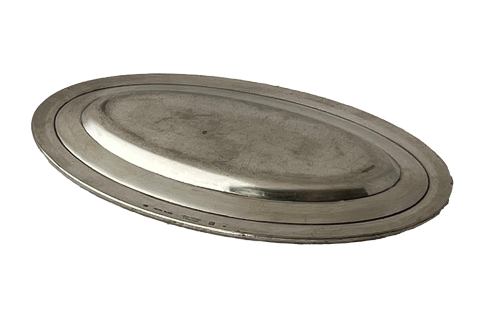 Charming little oval French silver plate tray engraved 'Restaurant Combe'. Maker stamp Felix Freres Toulouse to rear.