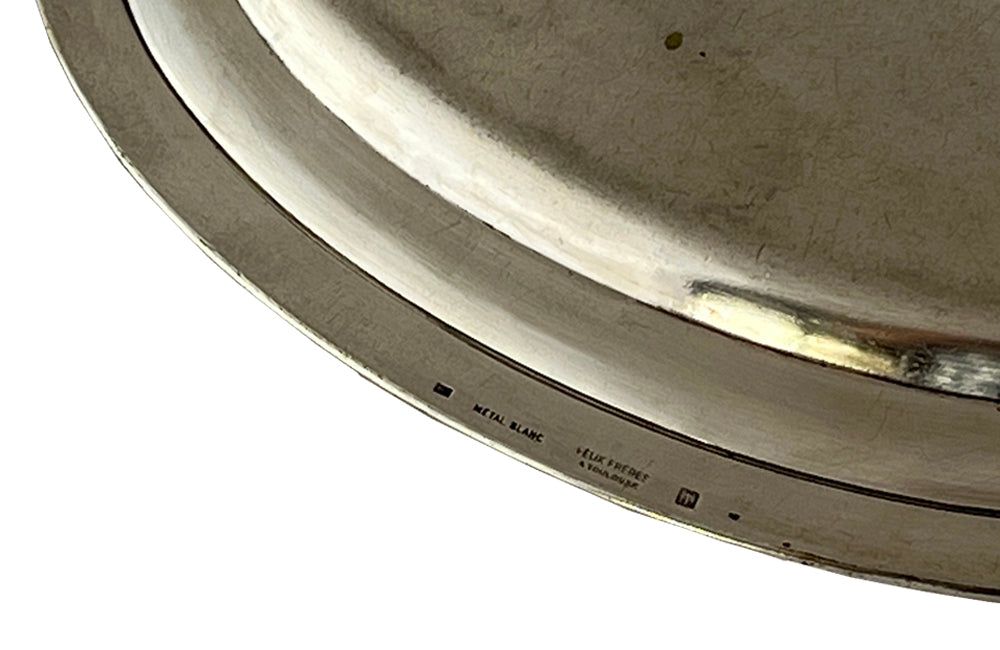 Charming little oval French silver plate tray engraved 'Restaurant Combe'. Maker stamp Felix Freres Toulouse to rear.