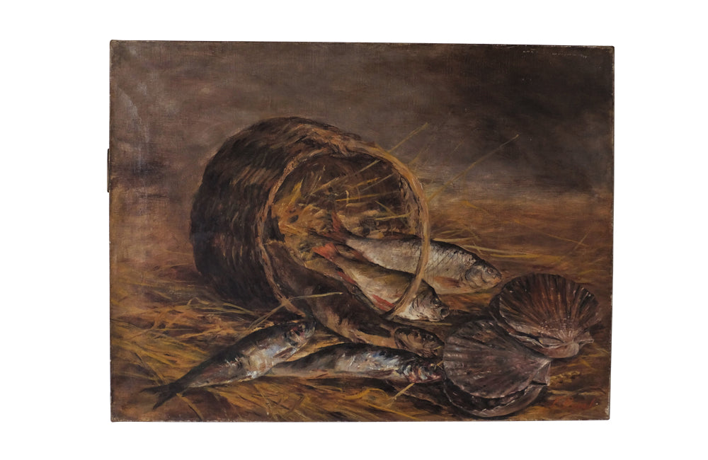French Still Life painting Of A Basket Of Seafood - French Art - Oil On Canvas - Signed Artwork - French Decorative Antiques - Wall Art - Wall Decoration - French Antiques -Antique Shops Tetbury - AD & PS Antiques